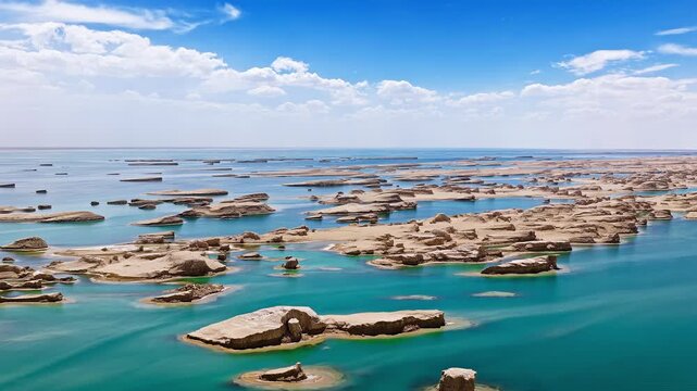 Aerial drone shot of water yardang landforms surrounded by turquoise water in the Qaidam Basin, Qinghai, China