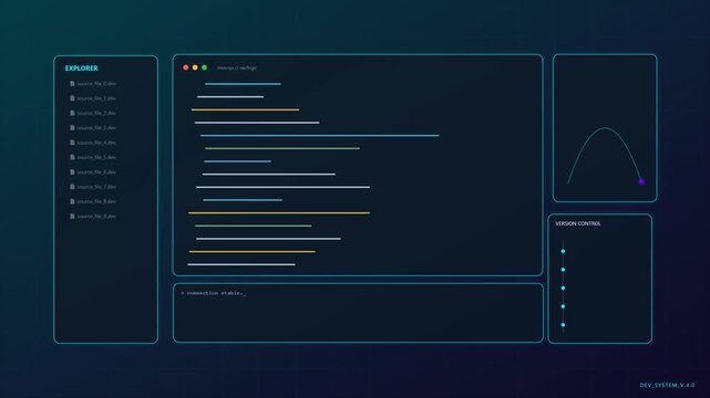 Futuristic Software Development Interface with Abstract Coding Lines, Version Control, and Data HUD