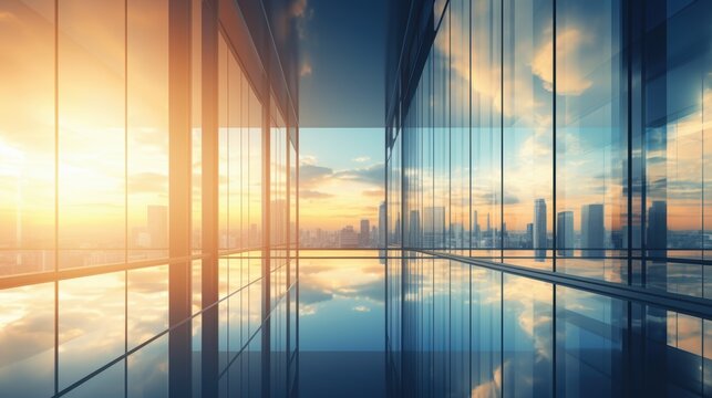 Modern office building or business center. High-rise window buildings made of glass reflect the clouds and the sunlight. empty street outside  wall modernity civilization. growing up business