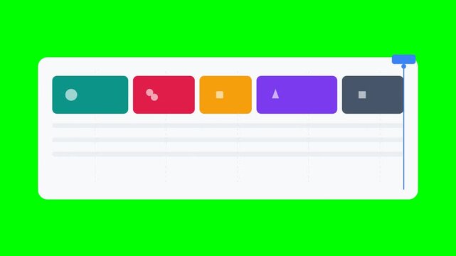 Animated Video Editing Software Timeline with Colorful Asset Blocks on Green Screen Background