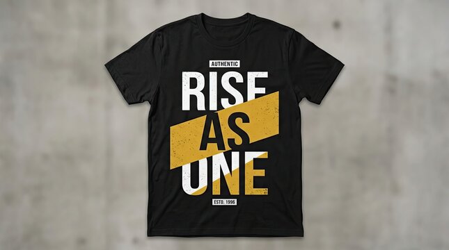 Black t shirt with bold motivational text and year design on plain gray background with white yellow distressed text reading rise one year below shirt large inspirational encouragement lettering