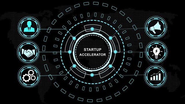 Dynamic startup accelerator hud interface featuring animated business growth global connectivity network, entrepreneurial strategy and futuristic digital data visualization for corporate presentations