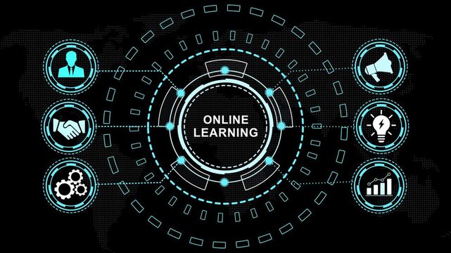 Dynamic online learning digital interface concept featuring animated hud global network connectivity, educational and futuristic data visualization for e-learning platforms and tech presentations