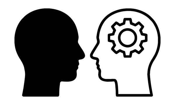 Stylized human head profiles, one with a gear, facing each other on a white background, communication technology concept