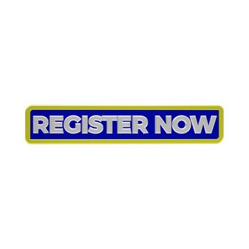 3d rendered register now button with white text on blue glossy banner with yellow outline 3d text blue button isolated on a transparent background