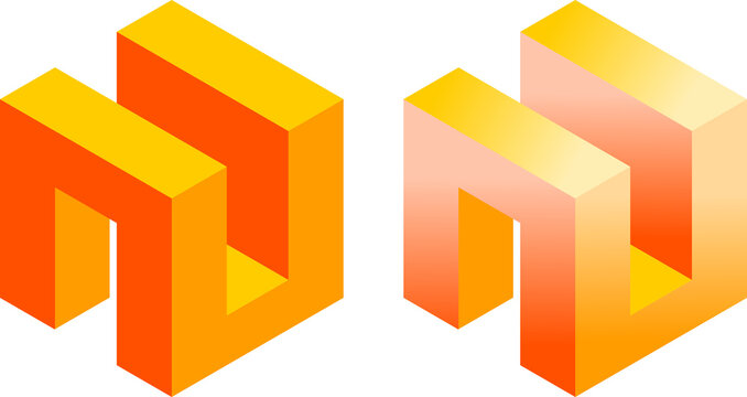 Two orange 3d impossible geometric shapes with gradient colors