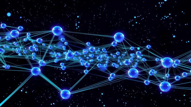 Dense Network of Glowing Blue Data Nodes and Fiber Threads