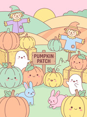 Naklejka premium Adorable pumpkin patch scene in pastel cute style for greeting cards