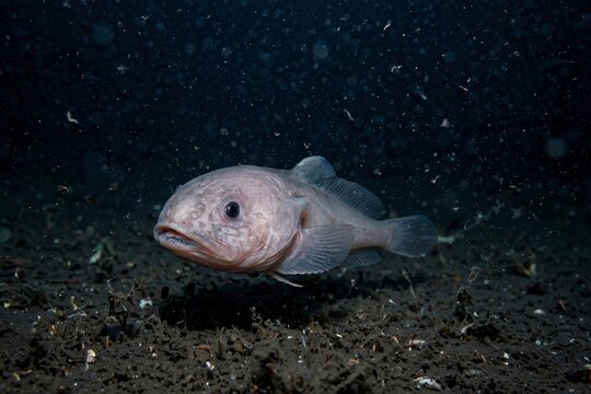 Pale deep sea snailfish swimming above a dark muddy seabed surrounded by floating marine snow in the abyssal zone of the ocean