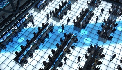Fototapeta premium Overhead diagonal view of mission control floor with geometric grid of illuminated consoles, people as small dark shapes, blue white screen glow forming light pools, graphic composition