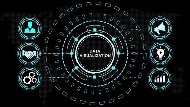 Advanced data visualization hud interface featuring global network connectivity, digital business analytics, futuristic corporate infographics, and animated tech for financial presentations