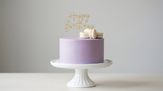 Minimalist purple birthday cake with gold topper and macarons on white stand.