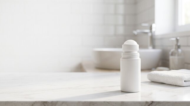 Blank white roll-on deodorant bottle mockup on marble counter in bright bathroom