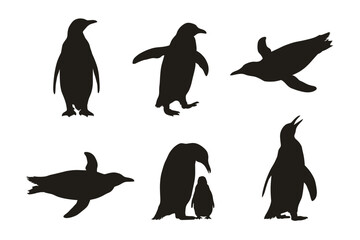 Obraz premium Set of six black silhouettes of penguins in various poses, including standing, swimming, and a parent with a chick, isolated on a white background
