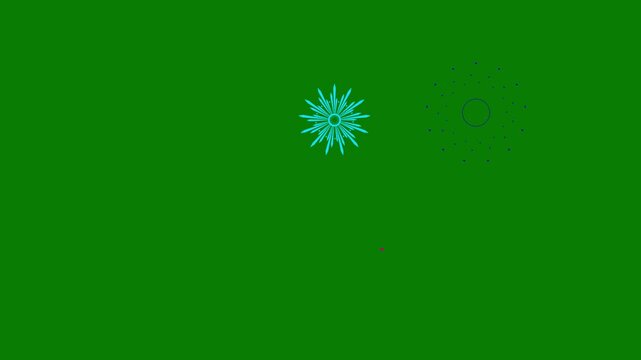 Glowing geometric firework circle explosion white line bursts shiny spark trails circular blast effects, flat vector cartoon animation glitter dust particles festive motion, clean green background 4k