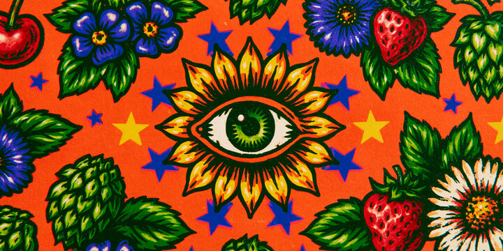 All seeing eye pattern with sunflower, hops, cherries, strawberries, and folk art flowers, a vibrant traditional design