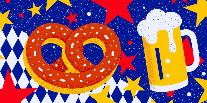 Festive Bavarian cultural event background presenting a beer mug, salted pretzel, and blue and white diamond pattern