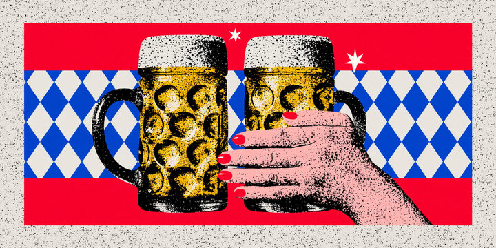 Oktoberfest celebration showing two beer steins clinking, a hand toasting, embodying German tradition and festive atmosphere