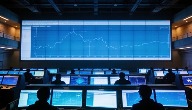 Aerospace control room interior with dozens of glowing screens in receding rows, staff as dark silhouettes against blue displays, abstract telemetry curves, high ceiling, blue amber duotone