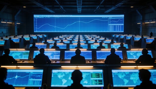 Aerospace control room interior with dozens of glowing screens in receding rows, staff as dark silhouettes against blue displays, abstract telemetry curves, high ceiling, blue amber duotone
