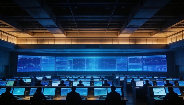Aerospace control room interior with dozens of glowing screens in receding rows, staff as dark silhouettes against blue displays, abstract telemetry curves, high ceiling, blue amber duotone