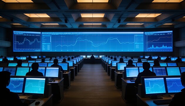 Aerospace control room interior with dozens of glowing screens in receding rows, staff as dark silhouettes against blue displays, abstract telemetry curves, high ceiling, blue amber duotone