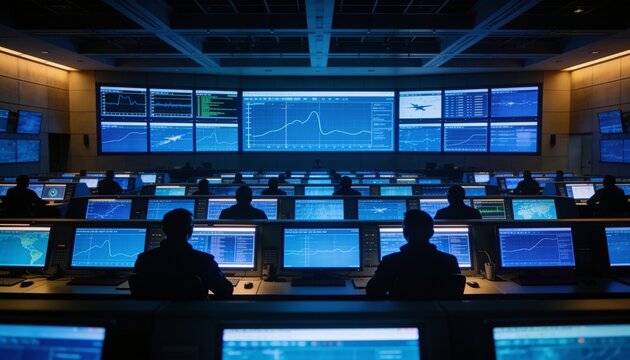 Aerospace control room interior with dozens of glowing screens in receding rows, staff as dark silhouettes against blue displays, abstract telemetry curves, high ceiling, blue amber duotone