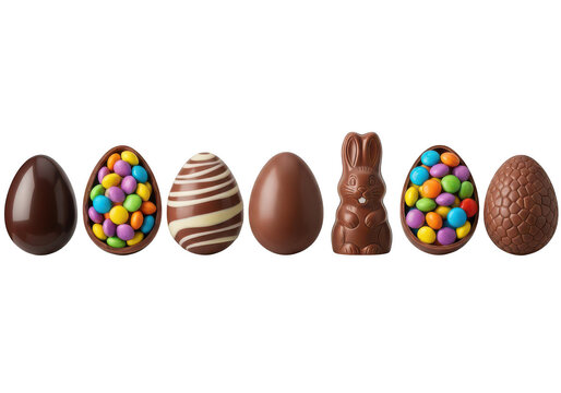 Assorted chocolate easter eggs and bunny treat collection isolated on transparent background