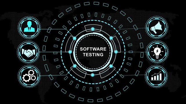 Software testing digital interface concept featuring animated hud global network connectivity, business process optimization and futuristic data visualization for corporate technology presentations