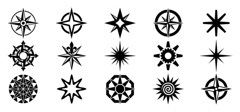 Various black star and compass icons set featuring multiple designs like a classic windrose, fleur-de-lis, gear, and abstract sunburst shapes in a simple graphic illustration