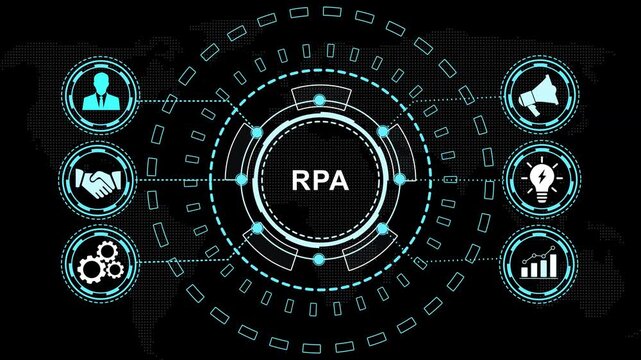 Advanced robotic process automation rpa technology concept featuring digital hud interface with animated business global network connectivity, workflow optimization, and futuristic data analytics