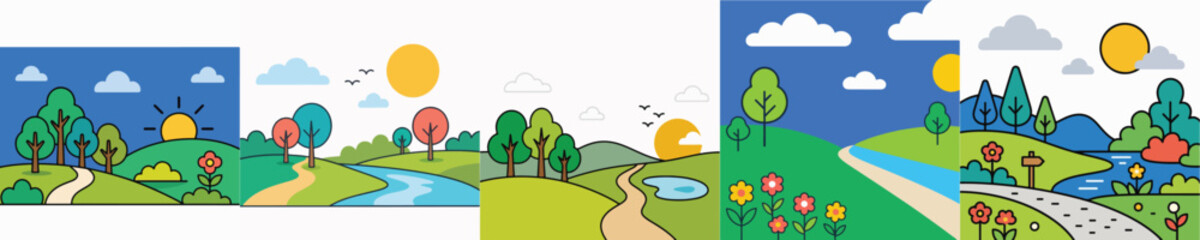 Naklejka premium set of nature-themed vector backgrounds. Flat-style vector illustrations for web banners, social media, presentation templates, and advertising materials.