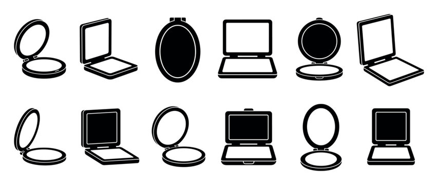 Collection of black cosmetic compact icons in various shapes like round and square, showing open and closed cases for makeup powder or foundation in a simple graphic style