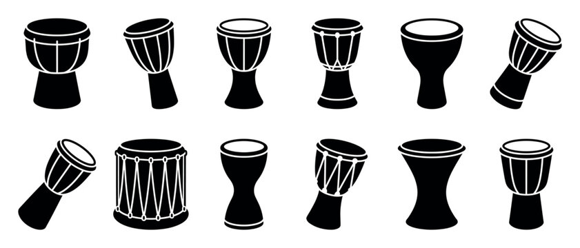 Black ethnic drum silhouettes in a collection of various shapes, including djembe and doumbek, representing traditional percussion music and cultural instruments
