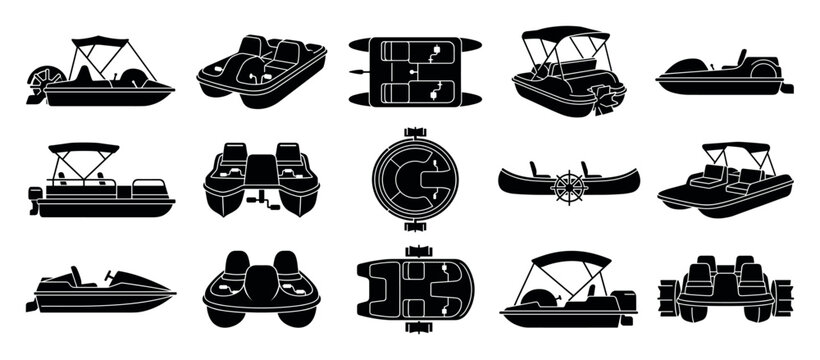 Collection of black pedal boat silhouettes and pontoon watercraft icons for recreation, featuring various designs with seats, canopies, and motors in a simple graphic style