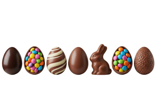Assorted chocolate easter eggs and a bunny figure isolated on transparent background