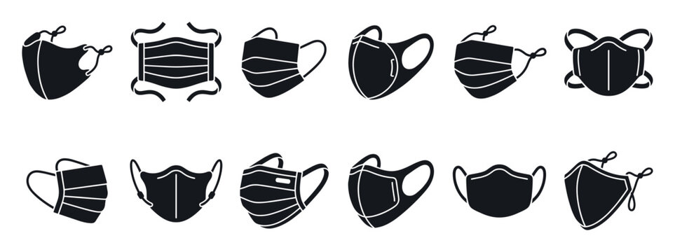 Diverse collection of black face mask icons showing different types of medical, surgical, and fabric protective equipment for health and safety
