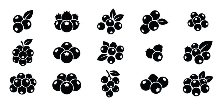 Black blueberry fruit icon collection featuring fifteen different minimalist glyphs of berry clusters, bunches with leaves, and stems in a simple graphic vector style