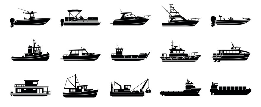 Black boat and ship silhouette collection featuring various watercraft types like fishing boats, tugboats, ferries, and cargo vessels in a simple flat vector graphic icon set