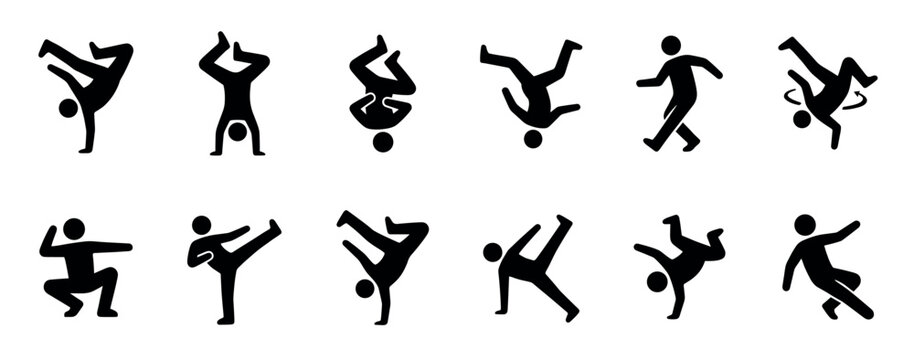 Set of black breakdancing pictograms showing various hip-hop dance moves and poses, including freezes, power moves, and footwork in a minimalist silhouette icon collection