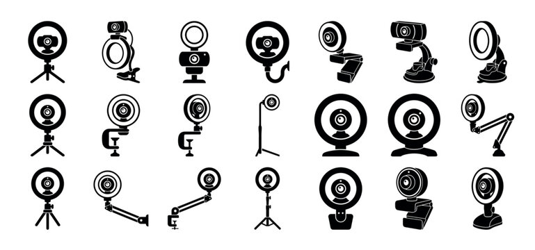 Collection of black webcam and ring light icons showing various designs for streaming and video conferencing, including models with tripods, clamps, and flexible arms