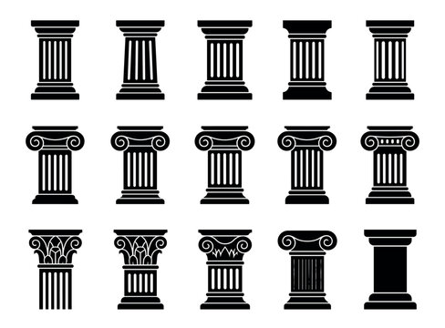 Set of black ancient architectural columns showing different classical orders like Doric, Ionic, and Corinthian in a simple graphic silhouette style