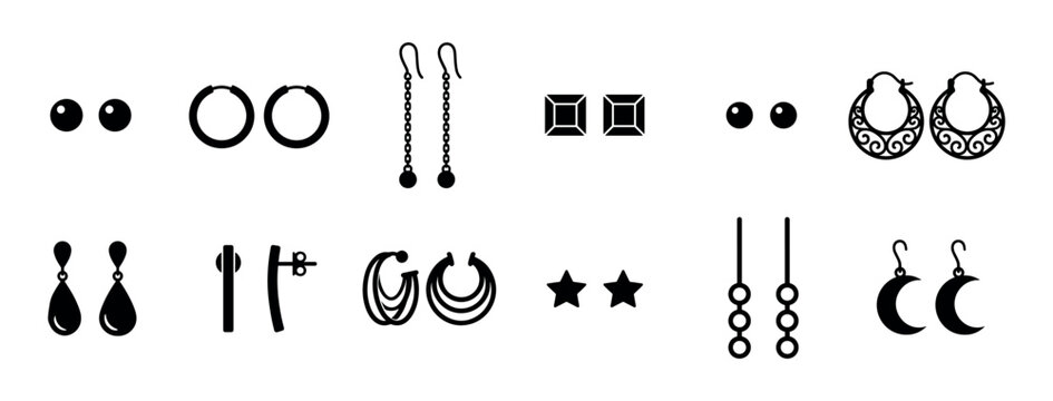Collection of black earring icons showing various styles including studs, hoops, dangles, and geometric shapes in a simple, minimalist vector graphic illustration set