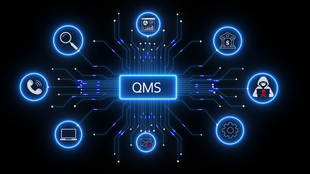 A glowing blue digital circuit board pattern with a central box labeled qms surrounded by various technology including a magnifying glass, bank, hacker, gear, envelope, laptop, and phone