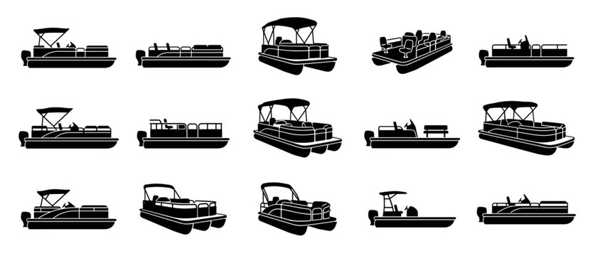 Set of various pontoon boat silhouettes in a clean black vector style, featuring different models with outboard motors and bimini tops from multiple angles