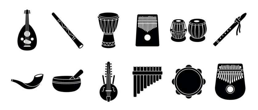 Collection of black ethnic musical instrument silhouettes including a djembe, kalimba, oud, and pan flute in a minimalist graphic icon set for cultural music concepts