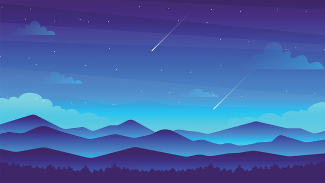Night sky landscape illustration with shooting stars, starry space, clouds, blue mountain range silhouette, and forest background for banner poster design.