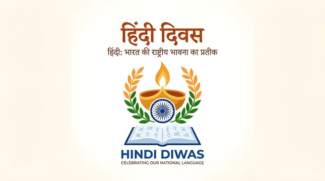 Hindi Diwas Celebration Vector Illustration with Ashoka Chakra, Peacock Feather, Quill Pen, Book, and Devanagari Alphabets