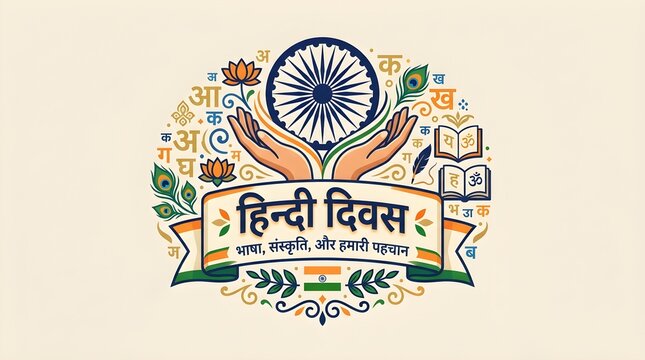 Hindi Diwas Celebration Vector Illustration with Ashoka Chakra, Peacock Feather, Quill Pen, Book, and Devanagari Alphabets