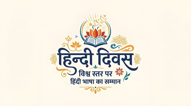 Hindi Diwas Greeting Card Vector Design with Large Devanagari Letter A, Peacock Feathers, Diya Lamps, and Open Book
